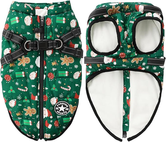 Aiboria Dog Jackets for Winter Windproof Waterproof Vest Fleece Warm Dogs Coat with Belt Christmas Green 4XL