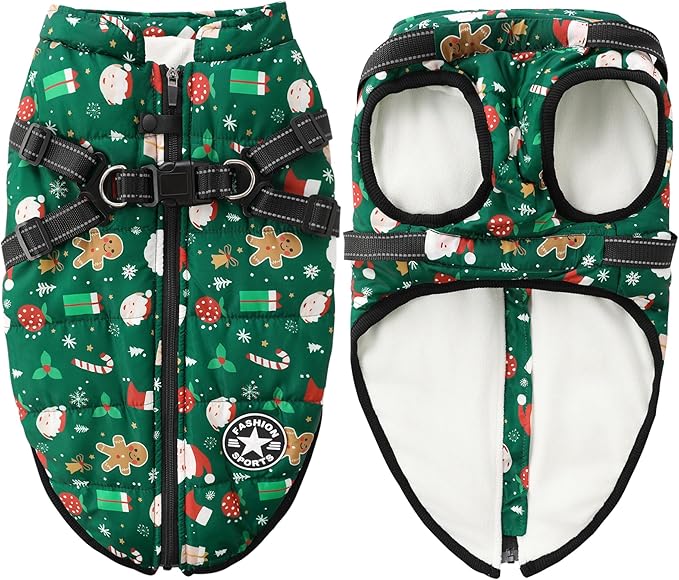 Aiboria Dog Jackets for Winter Windproof Waterproof Vest Fleece Warm Dogs Coat with Belt Christmas Green 3XL
