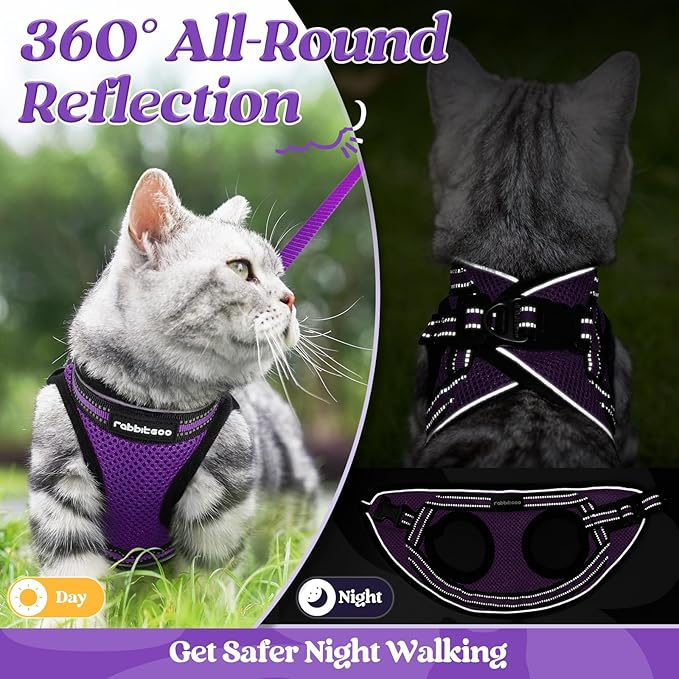 rabbitgoo Cat Harness and Leash Set for Walking Escape Proof, Adjustable Soft Kittens Vest with Reflective Strip for Cats, Comfortable Outdoor Vest, Purple, L