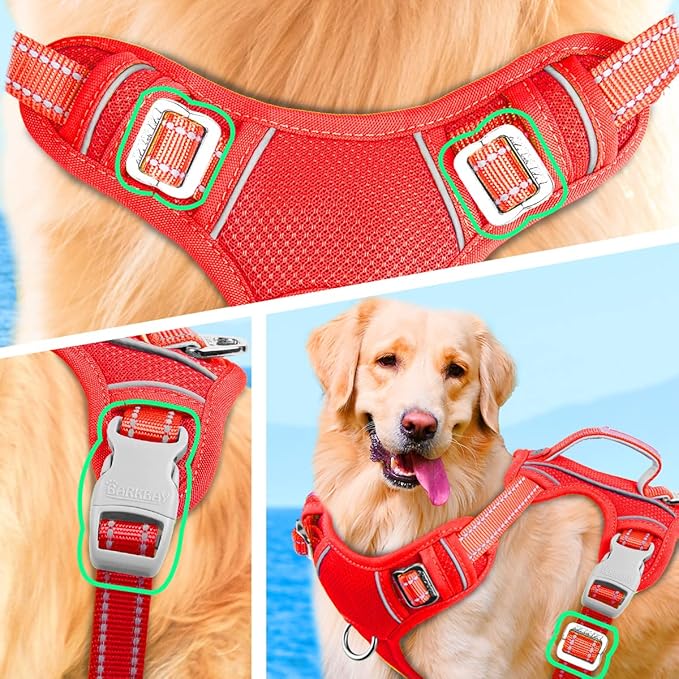 BARKBAY No Pull Dog Harness Large Reflective Dog Harness with Front Clip and Easy Control Handle for Walking Training Running with ID tag Pocket(Red,M)