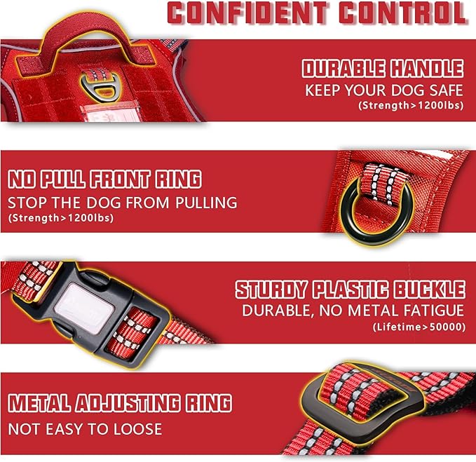 AUROTH Tactical Dog Harness for Large Dogs No Pull Adjustable Pet Harness Reflective K9 Working Training Easy Control Pet Vest Military Service Dog Harnesses Red M