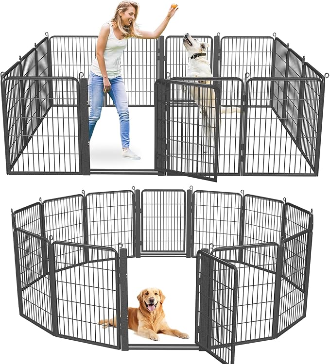 Dog Playpen with Low Threshold Gate, 32 inch 14 Panels Dog Fence, Heavy Duty Metal Puppy Exercise Dog Pen, Rust-Resistant Outdoor Pet Fence for Yard RV Camping