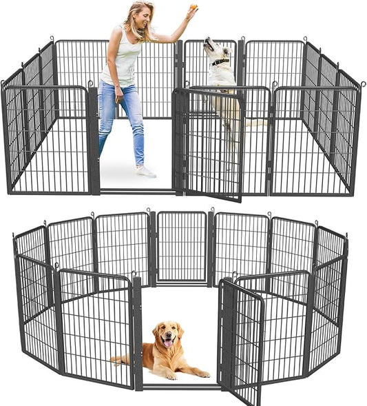 Dog Playpen with Low Threshold Gate, 32 inch 14 Panels Dog Fence, Heavy Duty Metal Puppy Exercise Dog Pen, Rust-Resistant Outdoor Pet Fence for Yard RV Camping