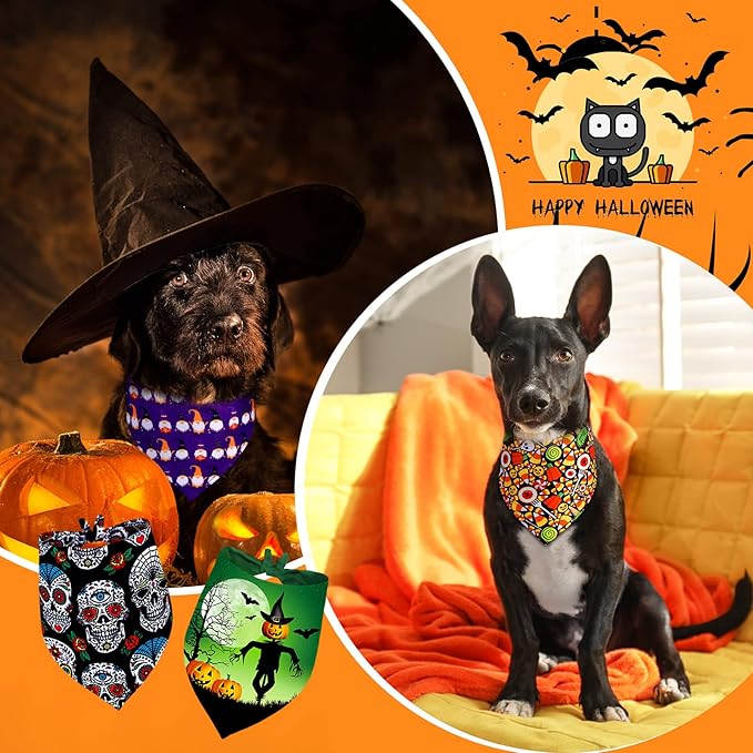 Newwiee 100 Pieces Halloween Dog Bandanas Bulk for Large Dogs Adjustable Triangle Bibs Scarf Halloween Skull Ghost Spider Pumpkin Bat Pet Costumes Scarf Holiday Accessories for Large Dog Puppy Cat