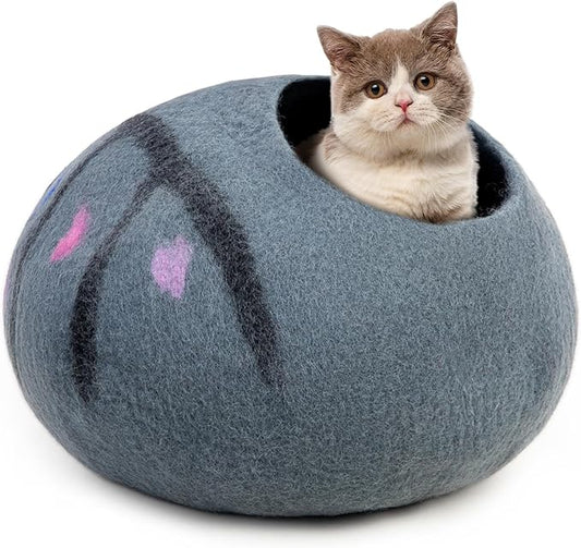 Woolygon Premium Felt Cat Cave Bed – Wool Kitty Beds Handcrafted Kitten Caves Bed for Indoor Cats - Made from 100% Eco-Friendly Merino Wool, Foldable Cat Hidewawy Covered Cat Houses (Enchanted Tree)