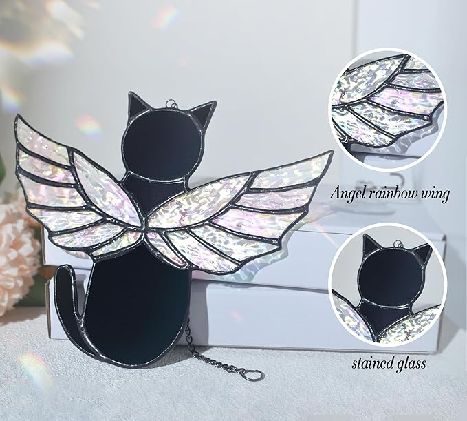 Angel Rainbow Wing Cat Memorial Gifts, Stained Glass Decor for Window Hangings, Orange Black Cat Suncatcher, Loss of Pet Sympathy Gift (Black)
