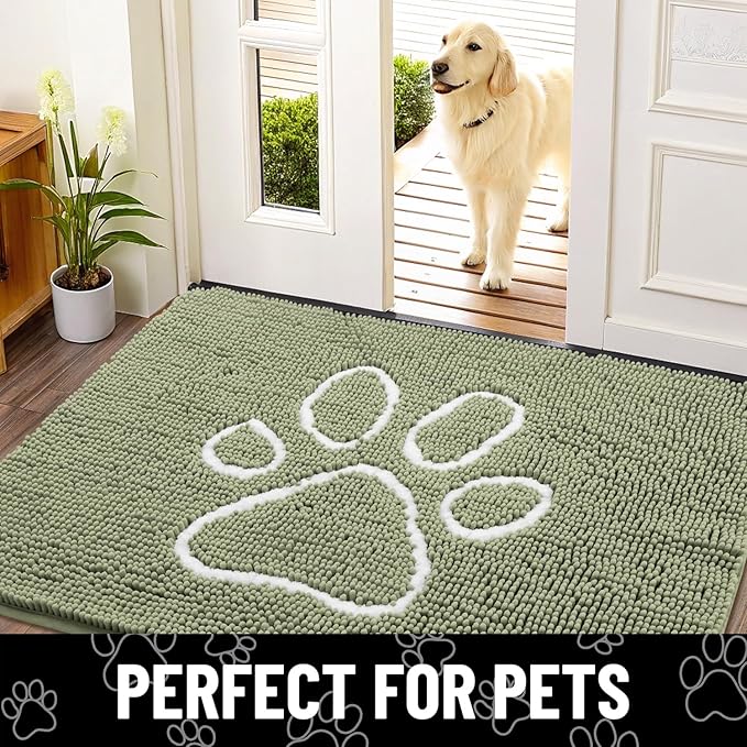 Smiry Dog Door Mat for Muddy Paws, Absorbent Dirt Trapper Non Slip Quick Dry Washable Chenille Mat for Mud Dogs, Entry Rug for Indoor and Outdoor (30x20 Inches, Sage Green)