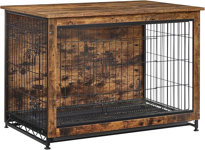 Feandrea Dog Crate Furniture, 38.6" Side End Table, Modern Kennel for Dogs Indoor up to 70 lb, Heavy-Duty Dog Cage with Multi-Purpose Removable Tray, Double-Door Dog House, Rustic Brown UPFC003X01