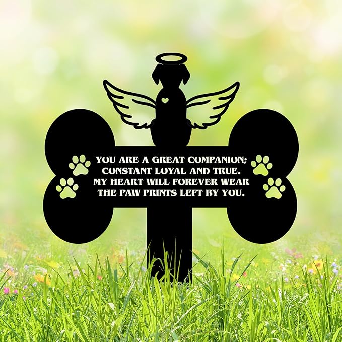 Dog Grave Marker Angel Cross – Pet Remembrance Gift for Loss of Dog, Weatherproof Metal Headstone for Yard, Garden or Indoor Memorial, 12in Sympathy Tribute Sign