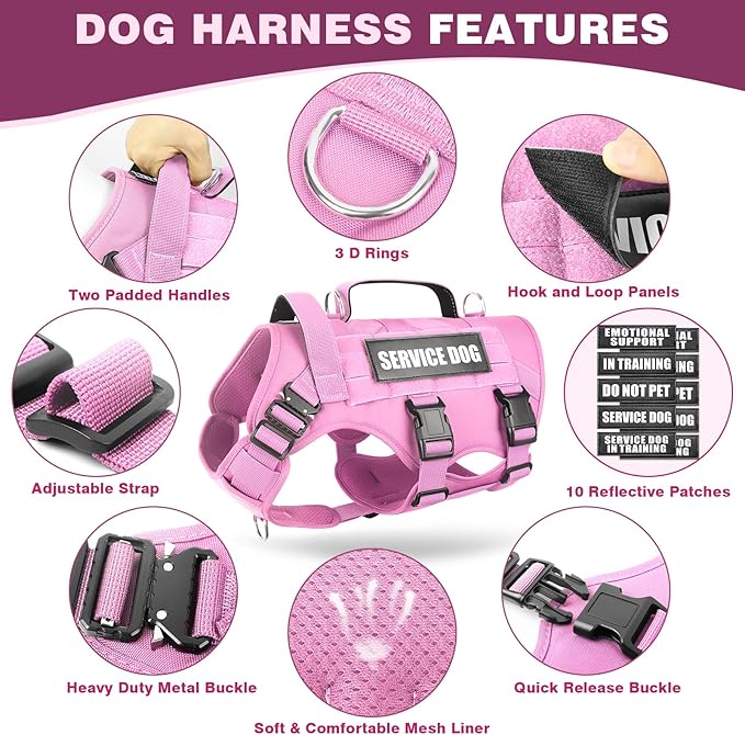 WINSEE Service Dog Vest Harness for Medium Dog, Tactical Working MOLLE Vest with 10 Pet Patches, No Pull Heavy Duty Harness for Training Walking