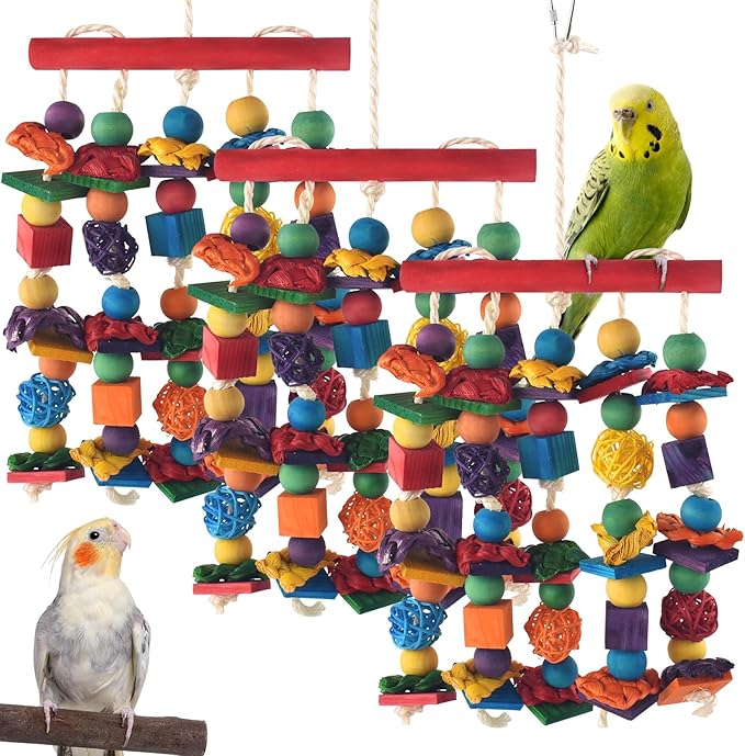 Bird Toys, 3PCS Parrot Foraging Hanging Toy, Multicolored Natural Wooden Blocks Parakeet Chewing Toys mit Rattan Wicker Balls, for Medium Small Cockatoos Budgie Lovebird Cockatiel Conure