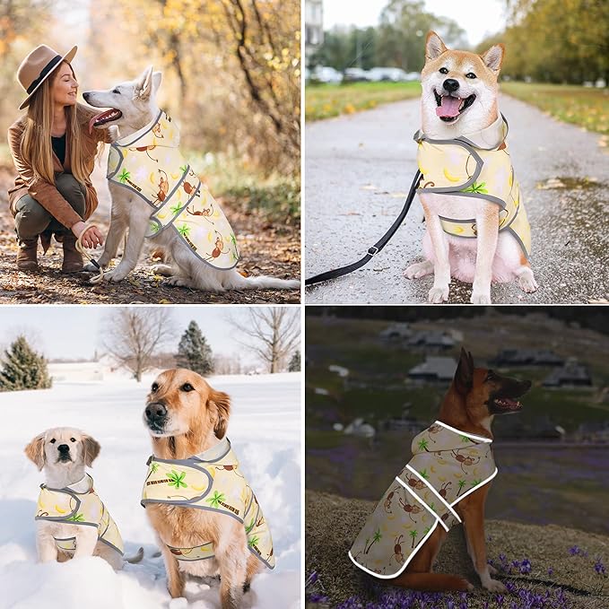 Dog Raincoat for Medium Dogs Waterproof Hooded Rain Jacket with Reflective Strips Leash Hole & Poncho Adjustable Fit (Monkey,L)
