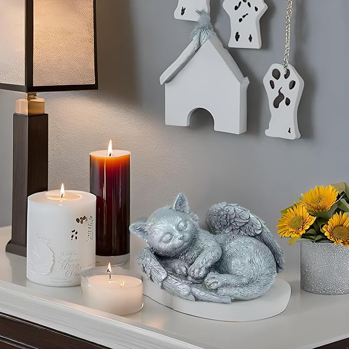 Small Cat Memorial Stone Commemorates Our Lost Fur Baby,Peaceful Sleeping Cat Angel Statue for Garden,Indoor,Pet Grave Markers,and Loss of Cat Sympathy Gift(Gray)