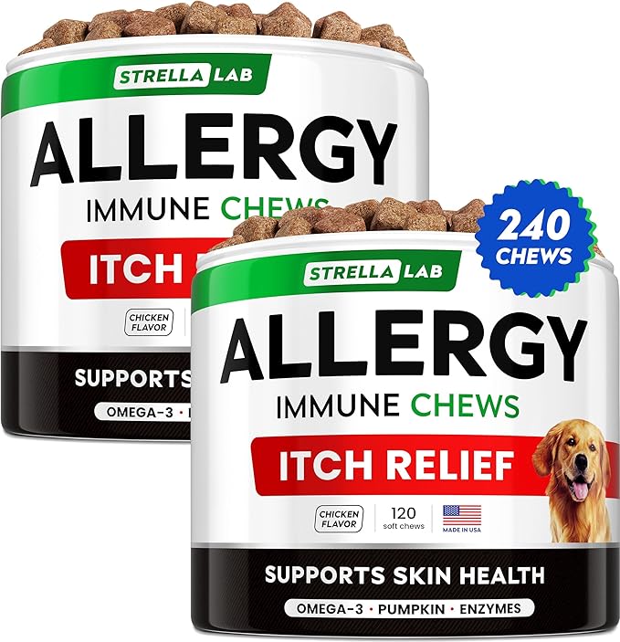 StrellaLab Dog Allergy Relief & Anti Itch Support Chews w/Omega 3: Real Ingredients, Real Taste! Skin & Coat Immune Supplement w/Fish Oil, Pumpkin & Enzymes — Developed by Experts - Made in USA -240Ct