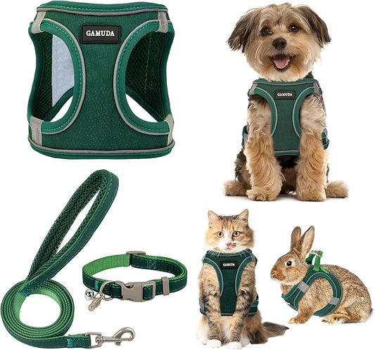 GAMUDA Small Pet Harness Collar and Leash Set, Step in No Chock No Pull Linen Fabric Soft Mesh Dog Vest Harnesses Reflective for Dogs Puppy Cats Kitten Rabbit (Green, S)