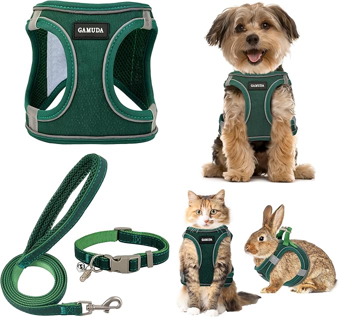 GAMUDA Small Pet Harness Collar and Leash Set, Step in No Chock No Pull Linen Fabric Soft Mesh Dog Vest Harnesses Reflective for Dogs Puppy Cats Kitten Rabbit (Green, XXS)