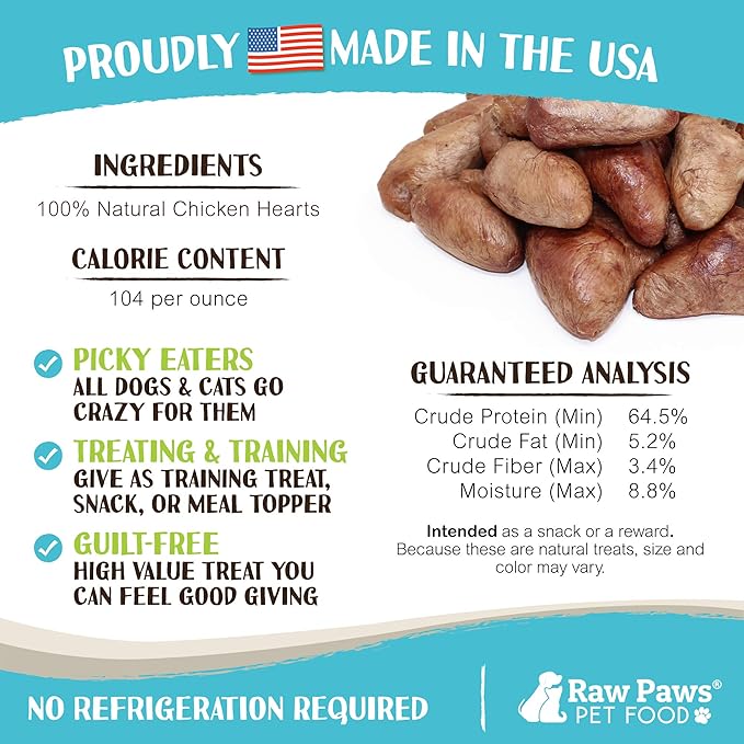 Raw Paws Freeze Dried Chicken Hearts for Dogs & Cats, 4-oz Whole - Made in USA - Freeze Dried Chicken Dog Treats Single Ingredient Treats for Cats