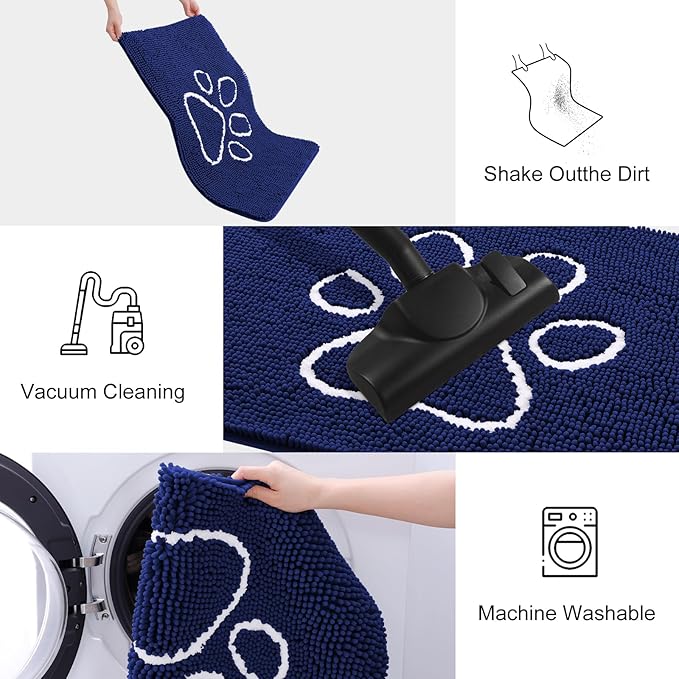 Smiry Dog Door Mat for Muddy Paws, Absorbent Dirt Trapper Non Slip Quick Dry Washable Chenille Mat for Mud Dogs, Entry Rug for Indoor and Outdoor (47x24 Inches, Navy Blue)