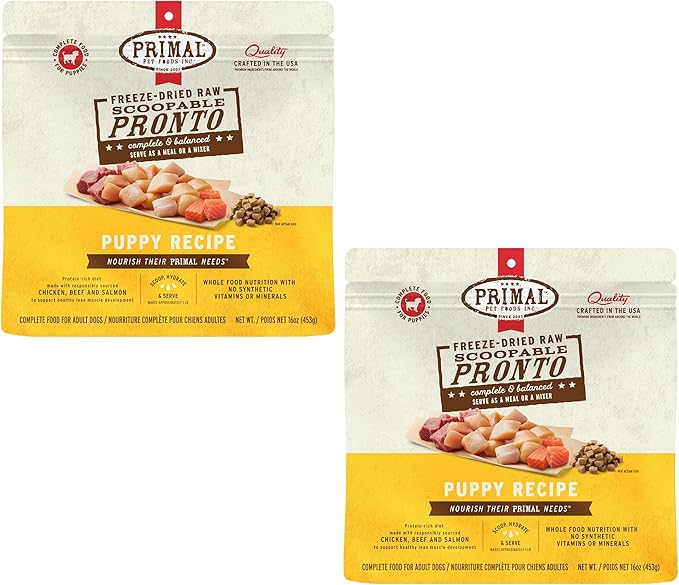 Primal Freeze Dried Puppy Dog Food, Pronto Mini Nuggets; Scoop & Serve, Complete & Balanced Meal; Also Use As Topper or Treat; Premium, Healthy, Grain Free, High Protein Raw Dog Food (16 oz, 2-Pack)
