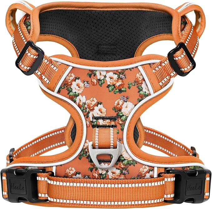 HEELE Dog Harness, No Pull Adjustable Padded Reflective Harness for Small Medium Large Dogs with Handle for Walking Training, Flower-Orange,XS