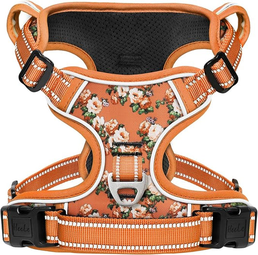 HEELE Dog Harness, No Pull Adjustable Padded Reflective Harness for Small Medium Large Dogs with Handle for Walking Training, Flower-Orange,XS