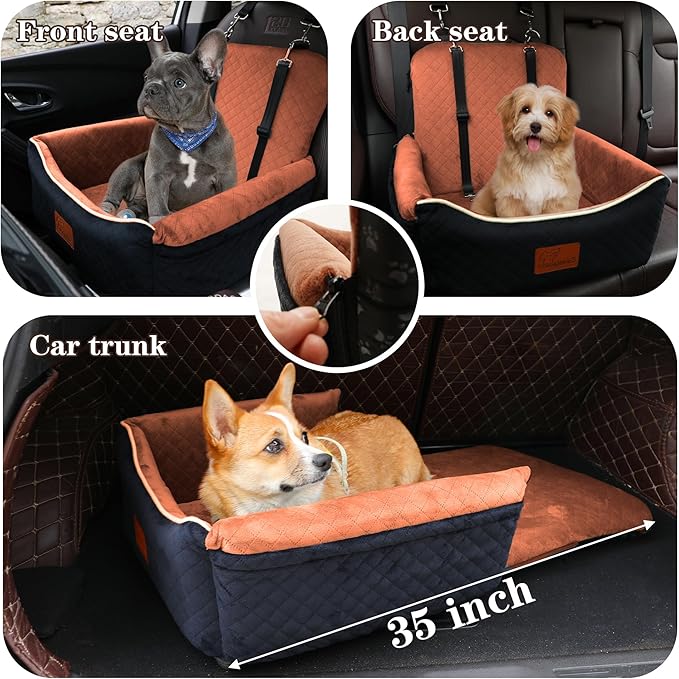 Dog Car Seat Bed 2 in 1 for Small/Medium Dogs up to 35 lbs,Adjustable Safety Leashes,Memory Foam with Soft Fabric Pets Travel Car Bed,Easily Installed in Front and Back seat,Removable and Washable.
