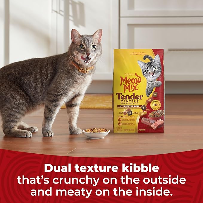Meow Mix Tender Centers Basted Bites Dry Cat Food, Beef & Salmon Flavors, 3 Pound (Pack of 4), Crunchy Outside Meaty Inside