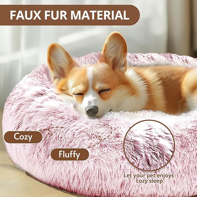 JOLLYVOGUE Medium Calming Dog Bed, Anti-Anxiety Donut Cuddler Cat Bed with Anti-Slip Bottom, Fluffy Faux Fur Machine Washable Pet Cushion for Medium Large Dog & Cat, 31"/Smoke Pink