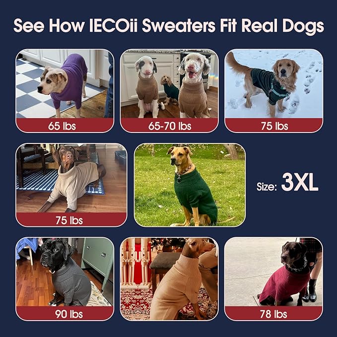 IECOii XXXL Dog Sweater,Warm Dog Sweaters for Extra Large Dogs Girl Boy,Stretchy & Cozy,Turtleneck Knitted Pullover for Pet Wear On Holiday,Easy On Doggy Sweatshirt for Labrador (Pink,XXXL)