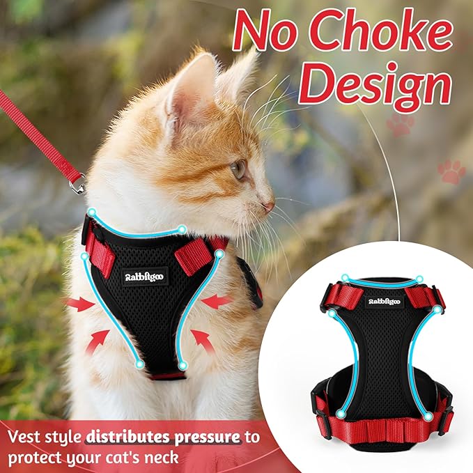 rabbitgoo Cat Harness and Leash for Walking, Escape Proof Soft Adjustable Vest Harnesses for Cats, Easy Control Breathable Reflective Strips Jacket, Black & Red, M