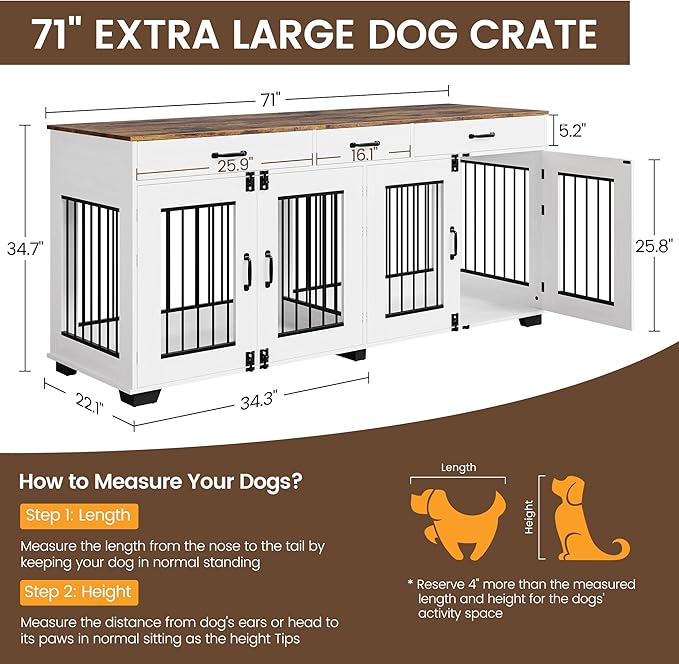 GarveeLife 71 in Dog Crate Furniture for 2 Rooms, Wooden Double Crate Large Breed with Door, Dog Kennel Indoor, TV Stand End Table with Divider for Large Medium Dogs,White/Brown