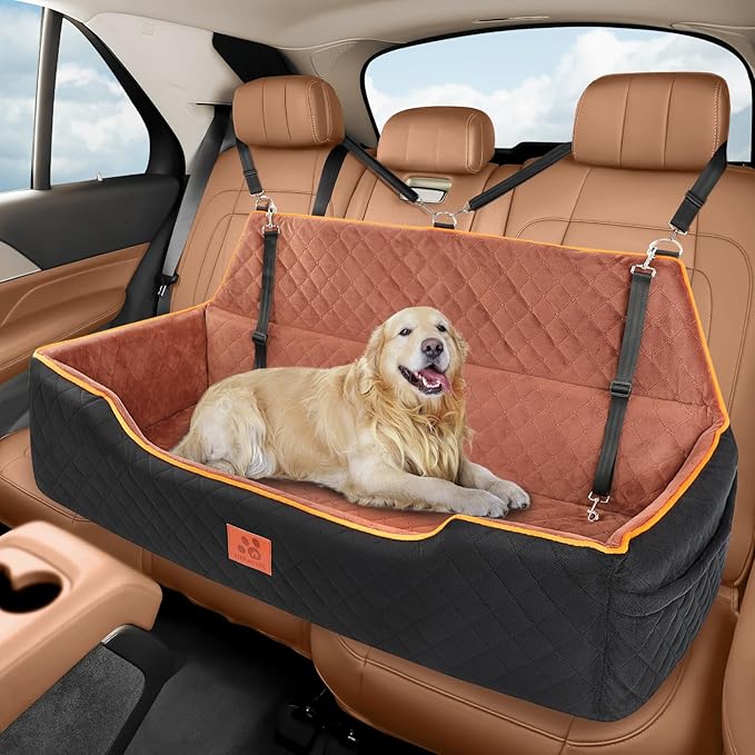 GL GLENSLAVE Dog Car Seat for Large/Medium Dogs, Comfortable Dog Car Booster for Back Seat, Fully Detachable & Washable Pet Travel Bed with Storage Pockets,2 Safety Belts
