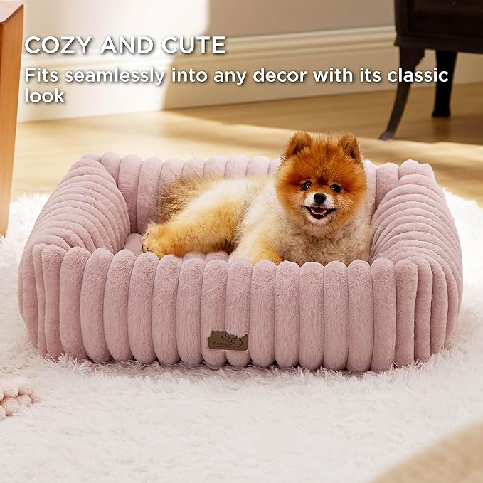 Bedsure Washable Dog Bed for Medium Dogs - Cute Furry Puppy Beds, Rectangle Orthopedic Corduroy Fleece Pet Beds with Removable Zipper Cover, 30x24x8inches, Blush Pink