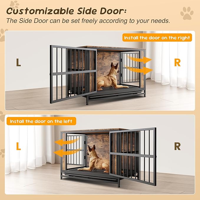 Rustic Large Dog Cage Furniture, Brown Wooden Dog Crate Kennel Furniture, Decorative Dog House Indoor End Table for Small Medium Large Dog