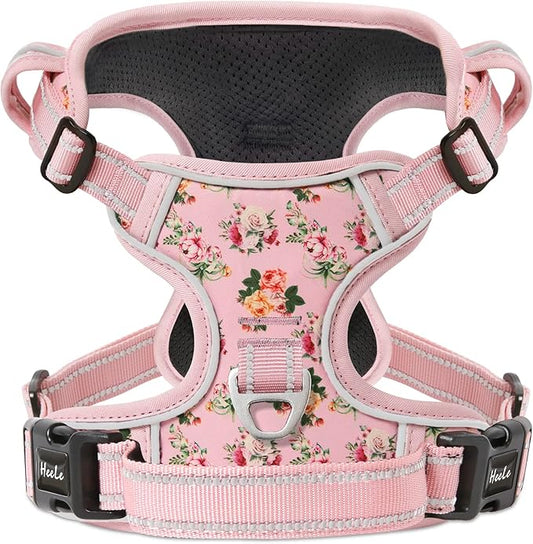 HEELE Dog Harness, No Pull Adjustable Padded Reflective Harness for Small Medium Large Dogs with Handle for Walking Training, Flower-Pink, L