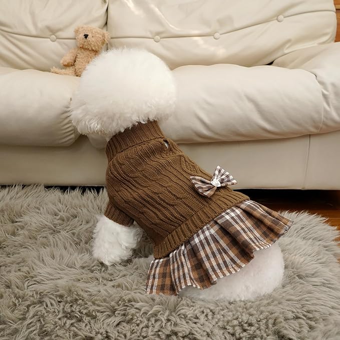 WOYYHO Girl Dog Sweater Dress with Bowtie Turtleneck Small Dogs Sweater with Leash Hole, Knitted Small Dog Sweaters Dress Puppy Winter Clothes for Yorkies Chihuahua (Large, Brown)