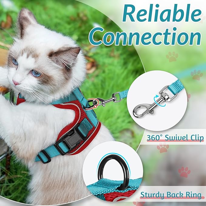 rabbitgoo Cat Harness and Leash for Walking, Escape Proof Soft Adjustable Vest Harnesses for Cats, Easy Control Breathable Reflective Strips Jacket, Red & Teal, S