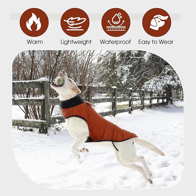 IDOMIK Dog Winter Coat, Warm Waterproof Dog Puffer Jacket with Harness Hole, Adjustable Reflective Snow Jacket Vest with Turtleneck, Pet Cold Weather Coats for Large Dogs,Caramel,XL