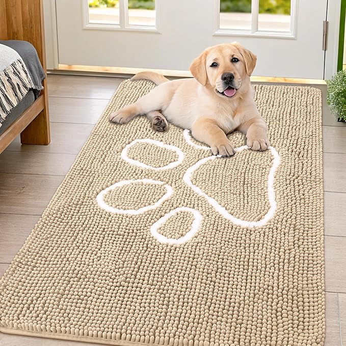 Smiry Dog Door Mat for Muddy Paws, Absorbent Dirt Trapper Non Slip Quick Dry Washable Chenille Mat for Mud Dogs, Entry Rug for Indoor and Outdoor (47x32 Inches, Beige)