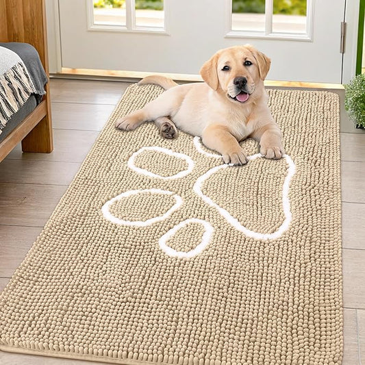 Smiry Dog Door Mat for Muddy Paws, Absorbent Dirt Trapper Non Slip Quick Dry Washable Chenille Mat for Mud Dogs, Entry Rug for Indoor and Outdoor (47x32 Inches, Beige)