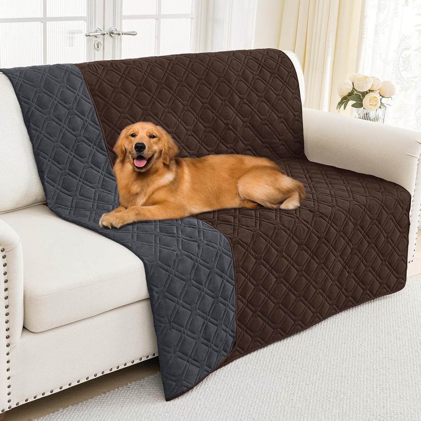 Smiry Waterproof Dog Blanket, 68x82 Inch Soft Pet Bed Cover Reversible, Washable Sofa Couch Furniture Protector for Small Medium Large Dog Puppy Cat, Geometric, Chocolate/Dark Grey