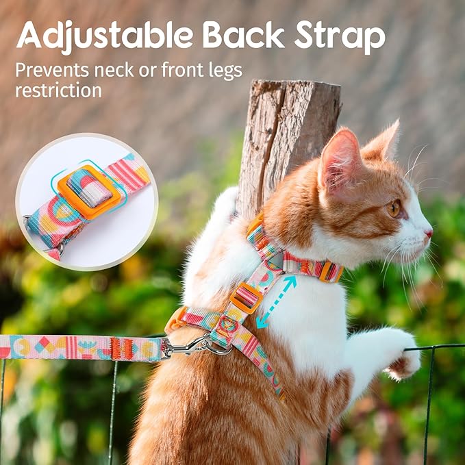 Dooradar Cat Harness and Leash, Escape Proof Adjustable Kitten Vest, Lightweight Soft Pet Straps, Easy Wearing for Small Medium Kitty Safe Walking Travel Control, Rainbow, S