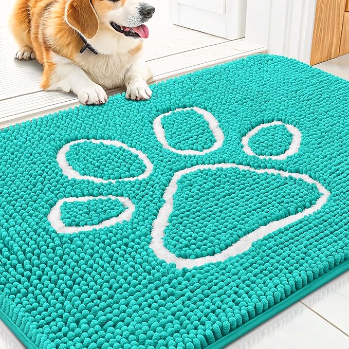 Smiry Dog Door Mat for Muddy Paws, Absorbent Dirt Trapper Non Slip Quick Dry Washable Chenille Mat for Mud Dogs, Entry Rug for Indoor and Outdoor (30x20 Inches, Turquoise)