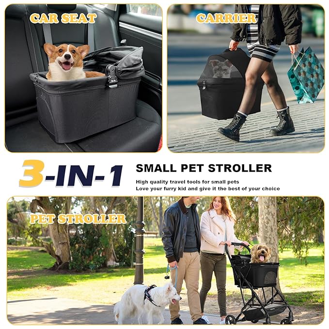 3 in 1 Dog Stroller, Lightweight Foldable Pet Stroller for Small/Medium Dogs Cats Up to 33lbs with Detachable Carrier, Storage Basket and Cup Holder - Black