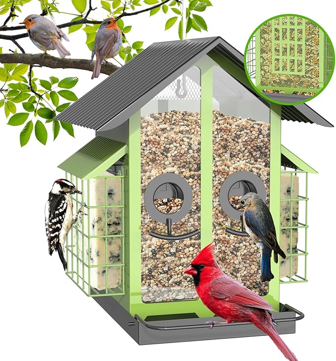 Bird Feeders for Outdoors, Metal Bird Feeder with Double Suet Cage Weatherproof Metal Roof, 2 in 1 Mixed Seeds Suet Feeder, 4Lbs Large Capacity, Great for Finch、Cardinal、Chickadee（Green）