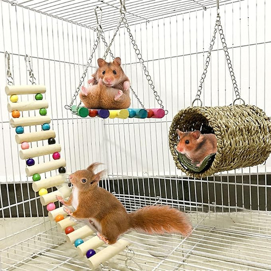 Hamiledyi Hamster Hanging Hammock Basket 3 Piece Wooden Rat Ladder Swing Set Cage Clmbing Toys for Syrian Hamster Sugar Glider Bird Mice Playing Sleeping