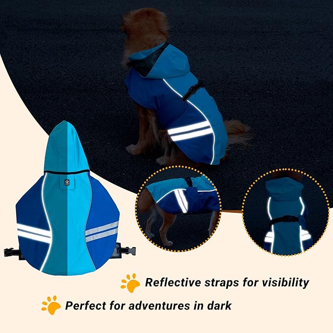 Dog Raincoat for Medium Large Extra Large Dogs, Waterproof Rain Jacket with Reflective Strap, Lightweight Hoodies Full-Body Coverage Dry Clothes (XL, Blue)