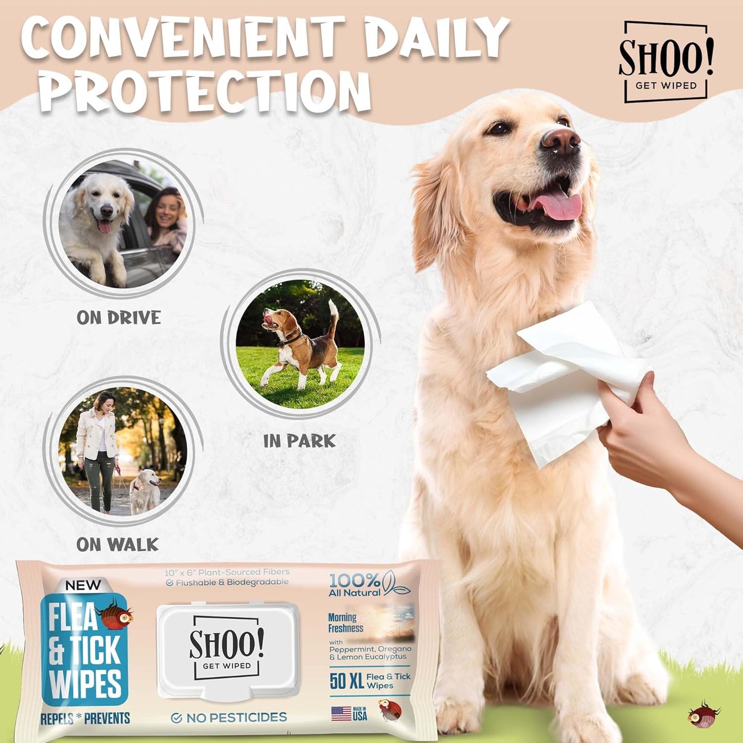 Shoo! Flea & Tick Wipes for Dogs | Convenient, Easy On-The-Go Protection | Plant Based, Natural Oils, Chemical Free | Repels & Prevents | 50 XL Wipes | (Morning Freshness)