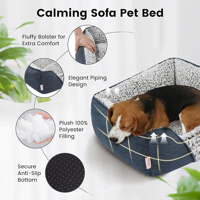 Miguel Washable Dog Bed With Removable Cushion for Medium Small Dogs, Easy to Wash Pet Sofa With Side, Rectangle Bolster Cat Calming Cuddle Puppy Bed With Anti-Slip Bottom, Blue 25 Inch