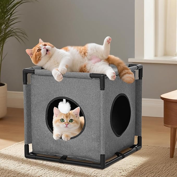 Cat Beds for Indoor Cats - Cat Hideaway，Muti-Functional Cat Cave Bed with Soft Velvet Pad and Fluffy Ball，Elevated Cat House for Multiple Cats，Grey